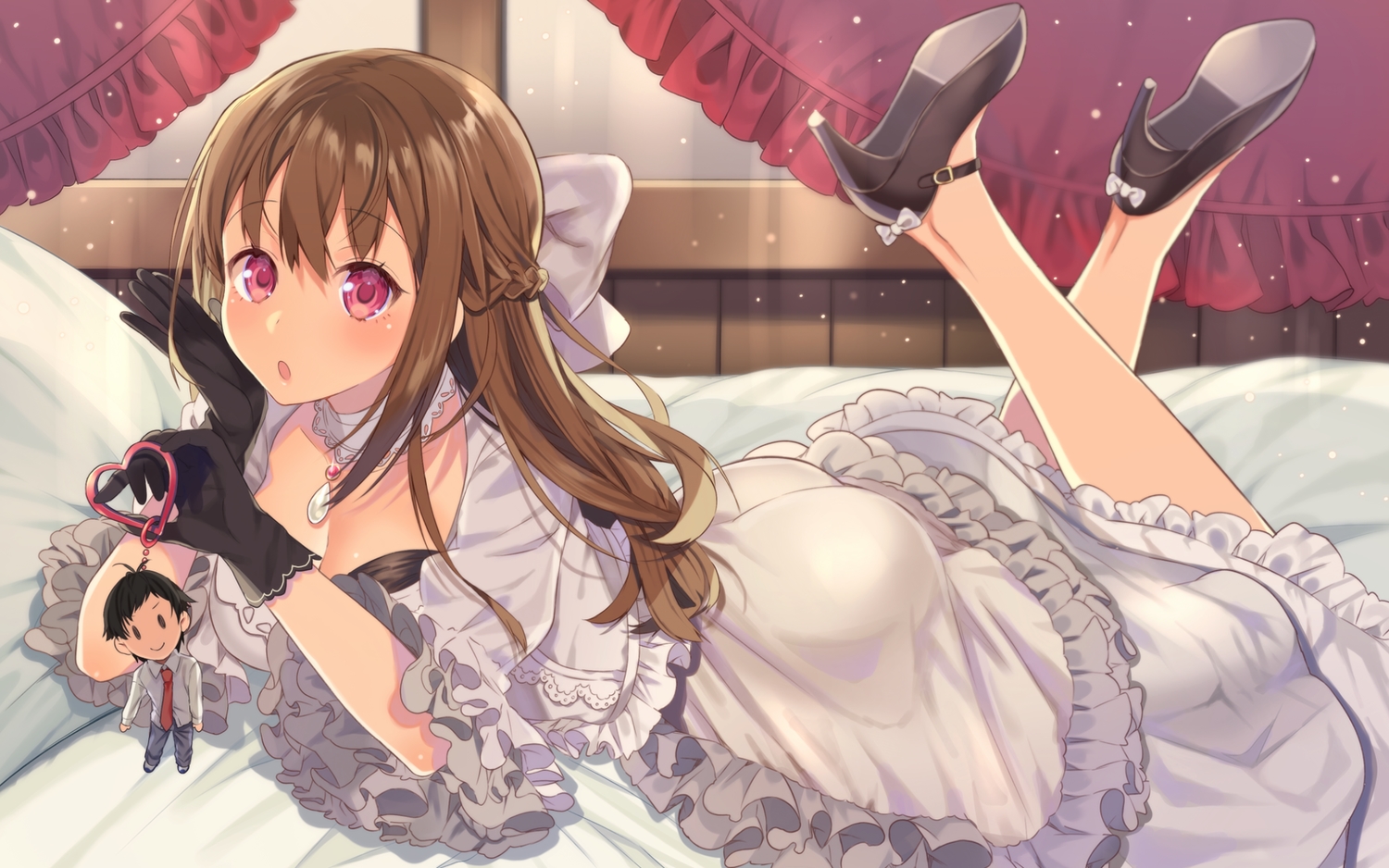 ass, blush, brown_hair, choker, cube, doll, gloves, koi_suru_kanojo_no_bukiyou_na_butai