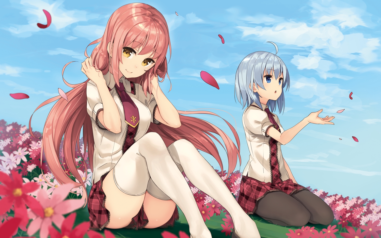 2girls, blue_eyes, blue_hair, clouds, flowers, long_hair, paseri, petals