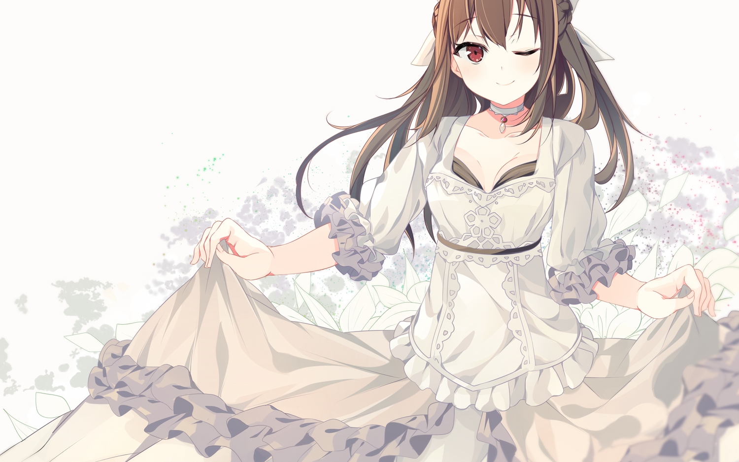 brown_hair, choker, cube, dress, koi_suru_kanojo_no_bukiyou_na_butai, long_hair, skirt, skirt_lift