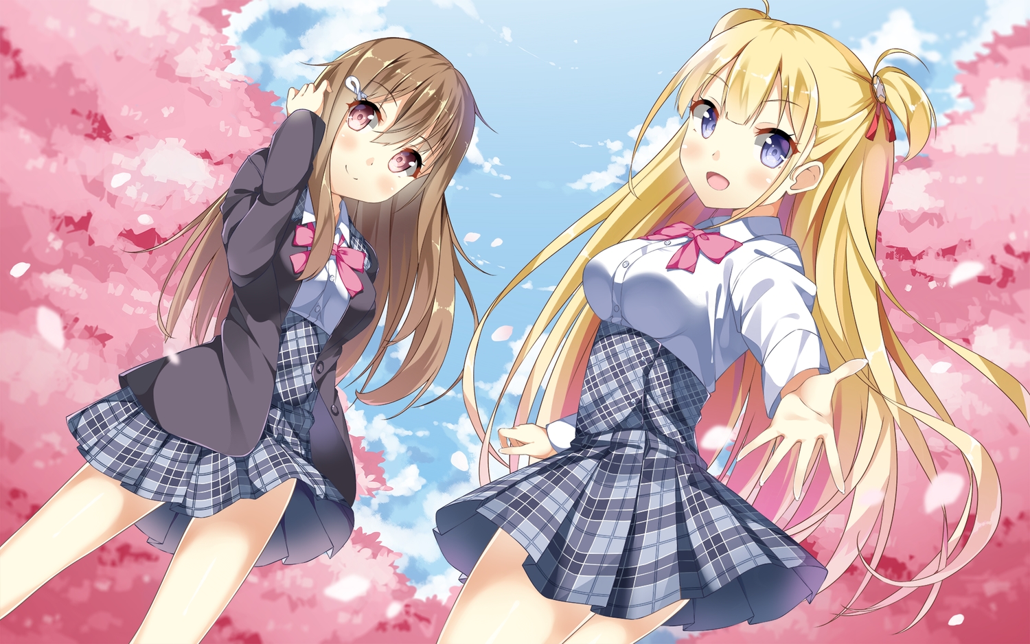 2girls, alice_third_macy, blonde_hair, blush, brown_hair, cherry_blossoms, cube, flowers