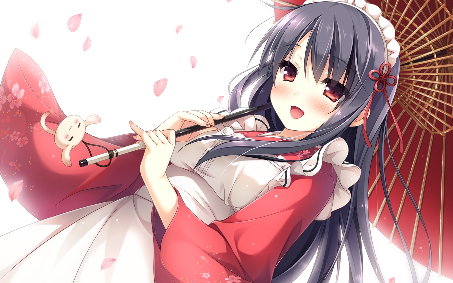 amakoi_syrups, black_hair, blush, cherry_blossoms, cube, flowers, japanese_clothes, kusaka_hozumi, long_hair, maid, manjuu-sama, pan_(mimi), red_eyes, umbrella, waitress