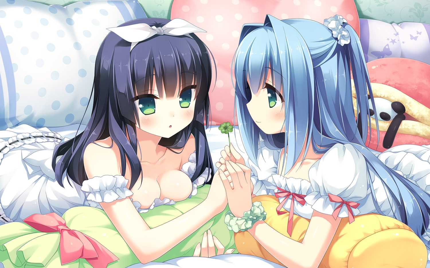 2girls, black_hair, blue_hair, blush, breasts, cleavage, cube, green_eyes, headband, kanekiyo_miwa, kurano_ema, kurano-kunchi_no_futago_jijou, kurano_yae, long_hair, no_bra, pajamas, ribbons, teddy_bear, wristwear