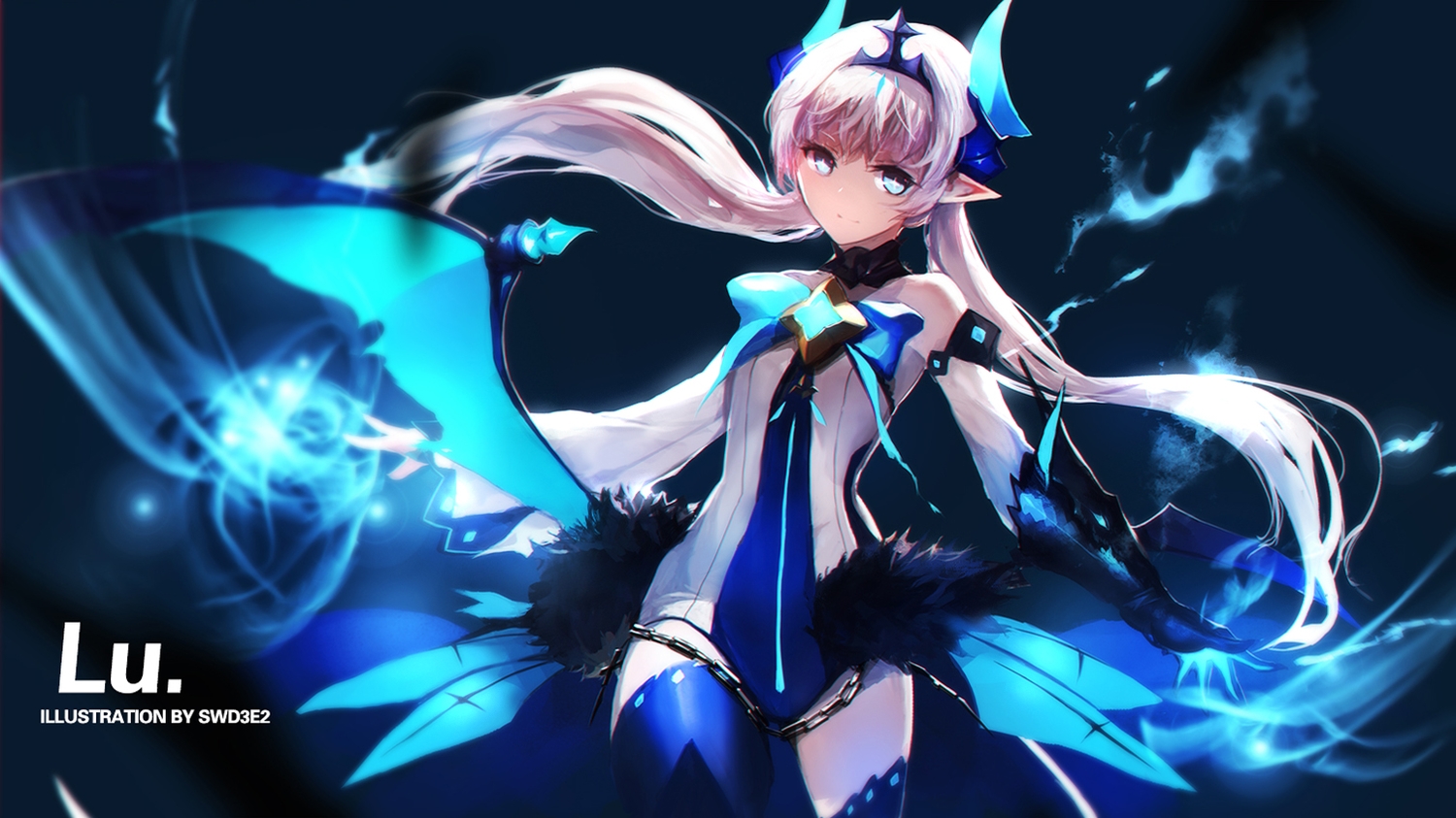 blue, blue_eyes, cape, chain, choker, crown, elsword, long_hair, lu_(elsword), magic, pink_hair, pointed_ears, swd3e2, thighhighs, twintails, watermark, wings