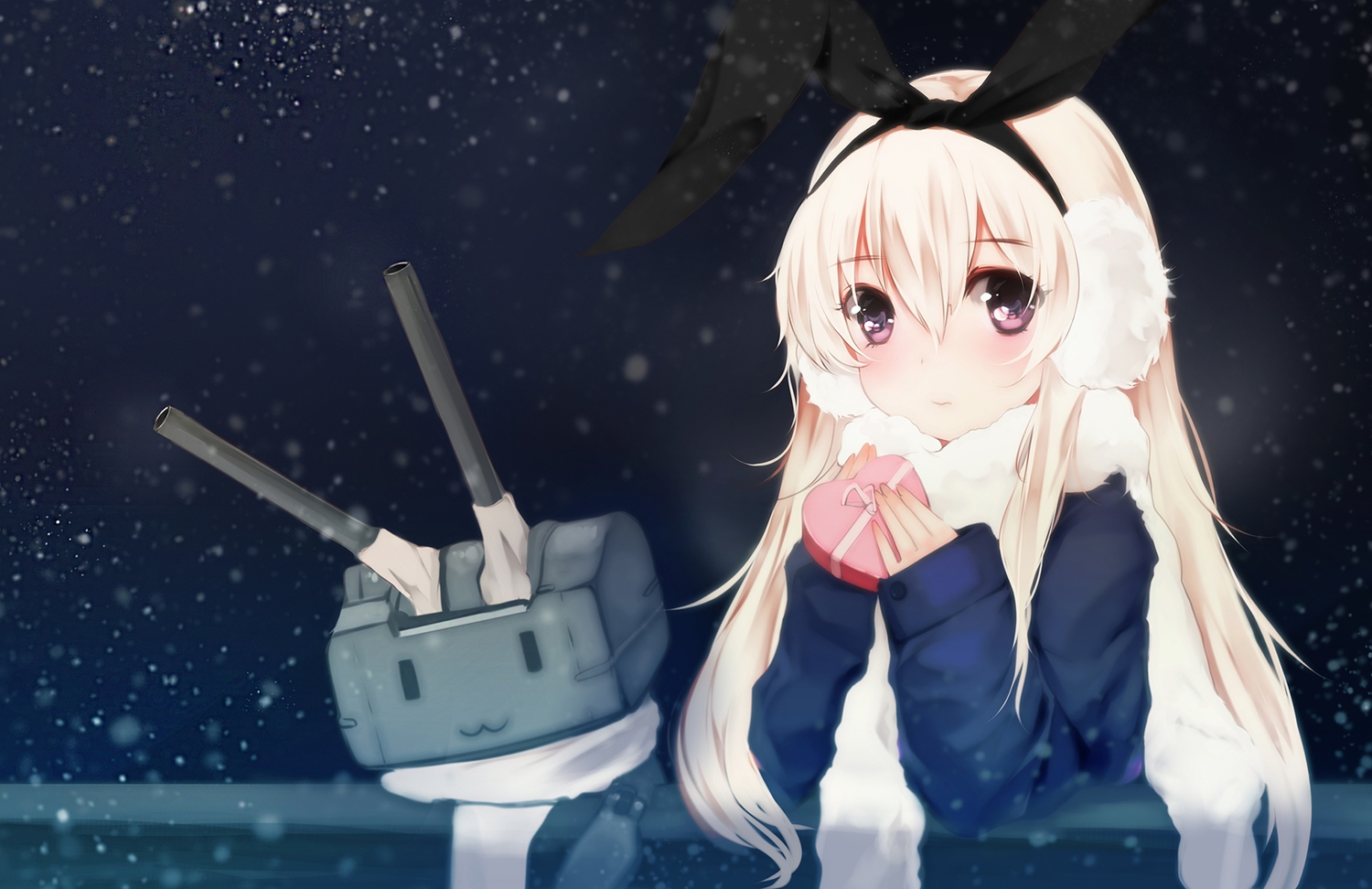 anthropomorphism, bba_biao, blonde_hair, headband, kantai_collection, long_hair, pink_eyes, rensouhou-chan, scarf, shimakaze_(kancolle), snow, valentine