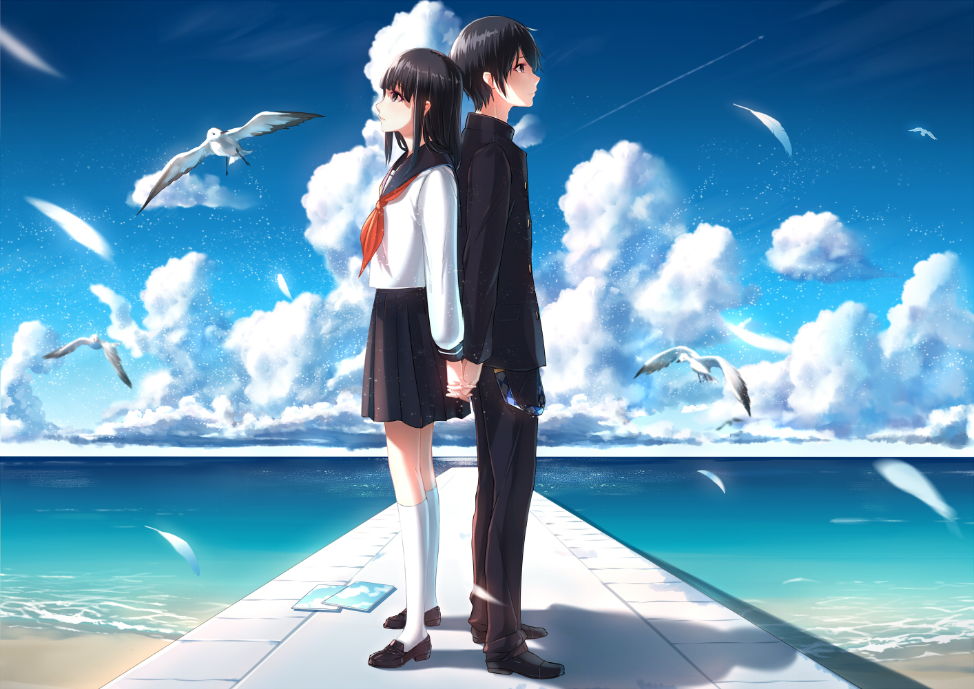aircraft, animal, bird, black_hair, book, clouds, feathers, kneehighs