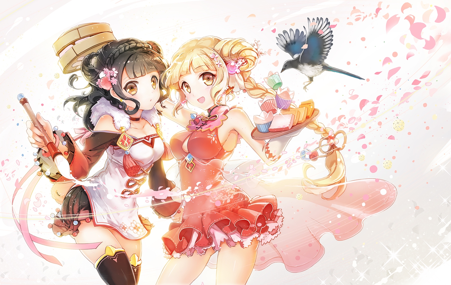 2girls, animal, bird, black_hair, blonde_hair, braids, dress, food