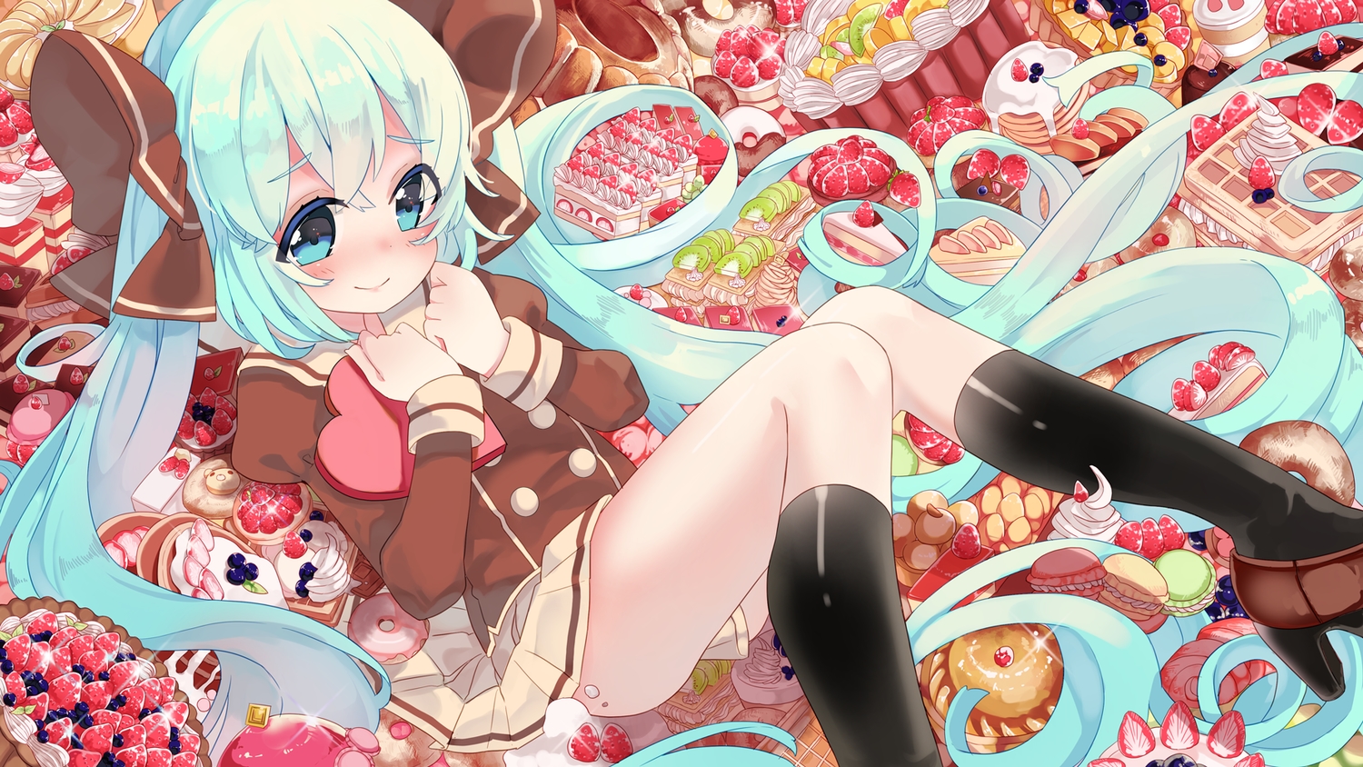 aqua_eyes, aqua_hair, blush, cake, candy, chocolate, food, fruit, hatsune_miku, kinokoko-kino, long_hair, school_uniform, skirt, strawberry, twintails, valentine, vocaloid