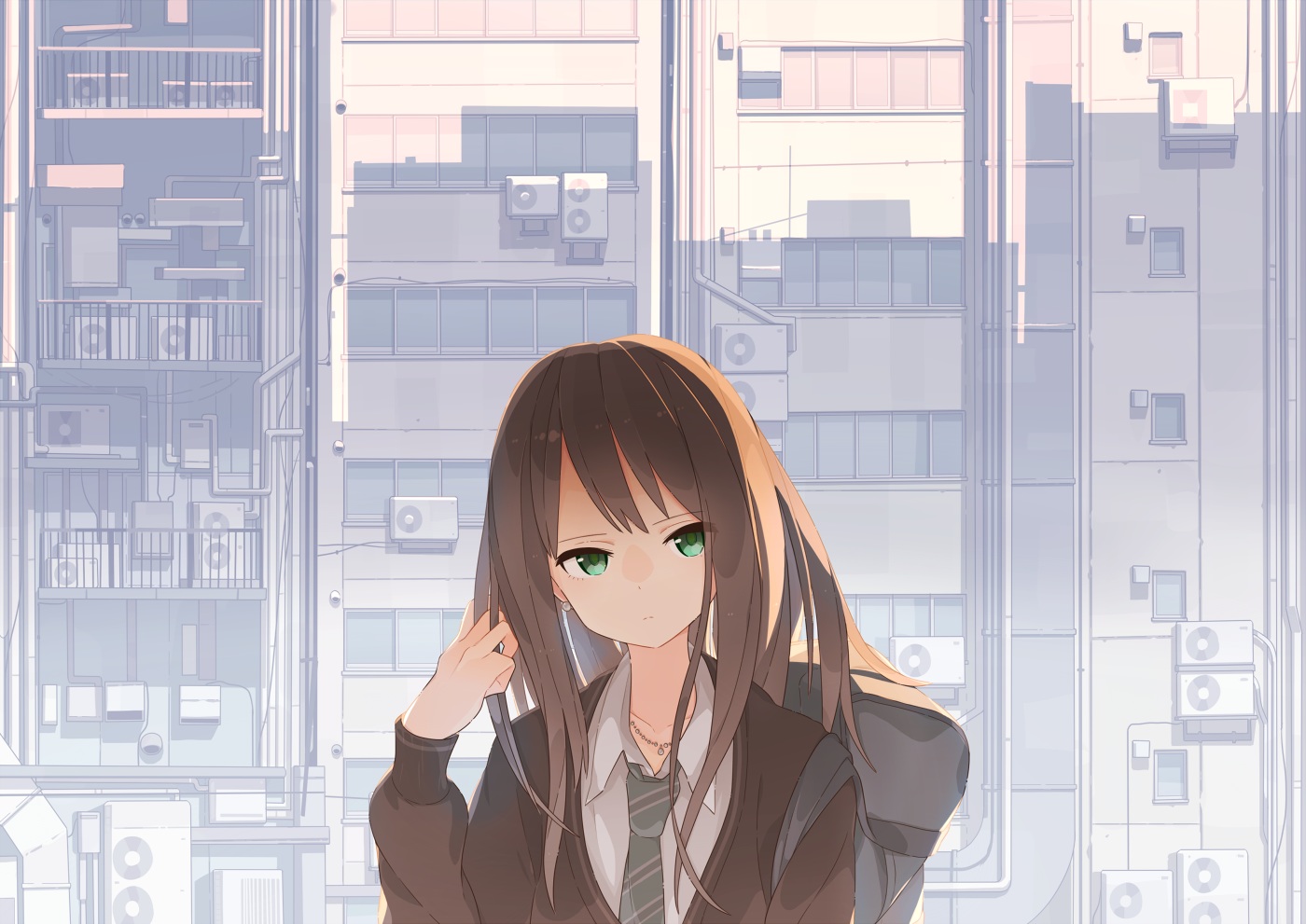 brown_hair, building, green_eyes, idolmaster, idolmaster_cinderella_girls, long_hair, necklace, polychromatic