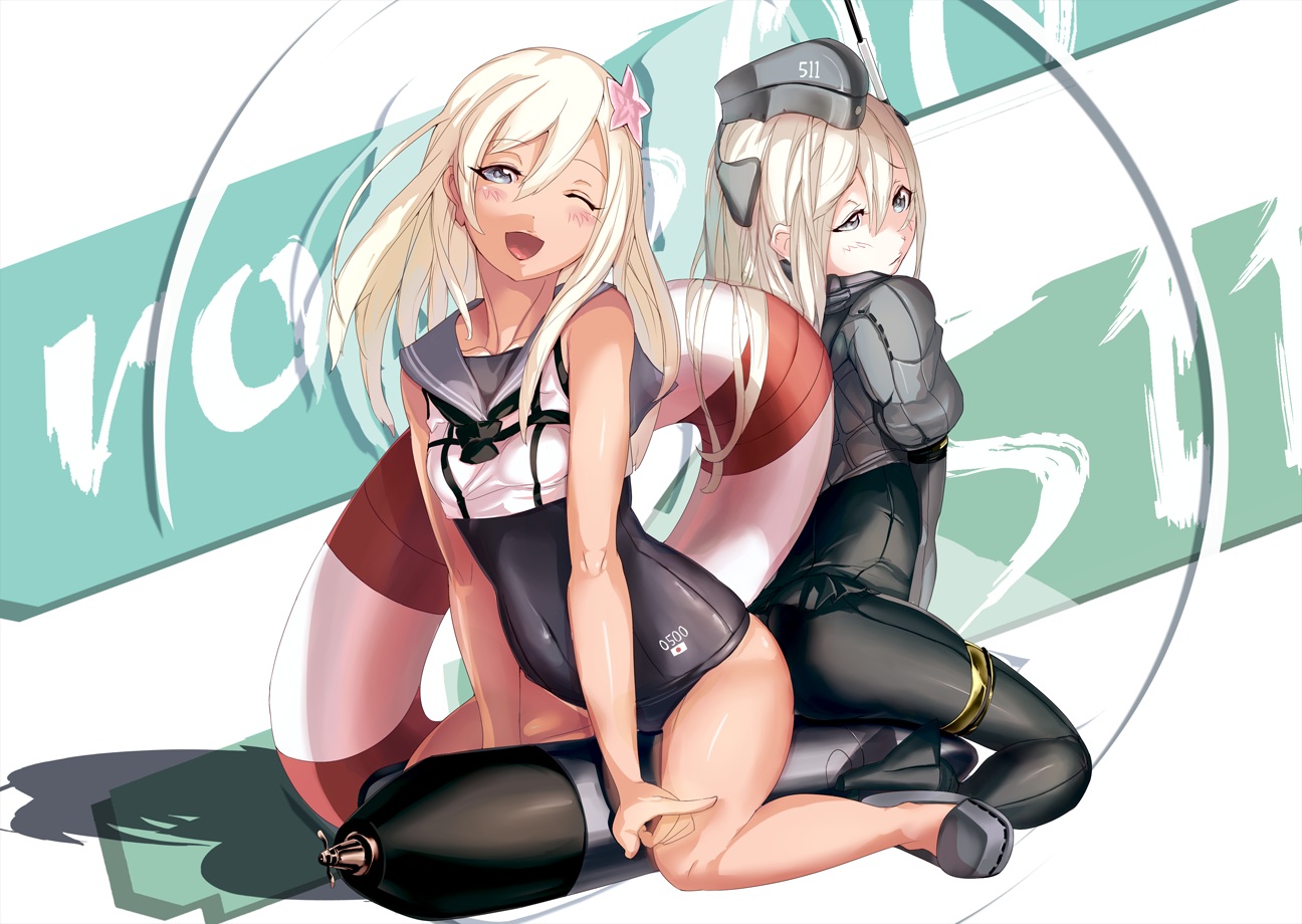 anthropomorphism, dark_skin, ere_(2516325), hat, kantai_collection, ro-500_(kancolle), school_swimsuit, skintight, swimsuit, u-511_(kancolle), wink