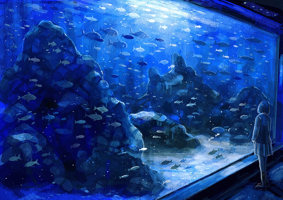 animal, blue, fish, nomiya_(no_38), original, skirt