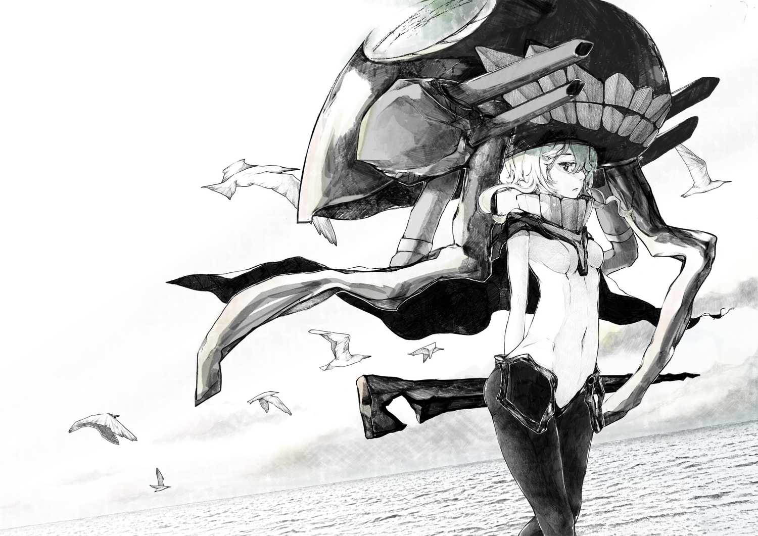 animal, anthropomorphism, bird, bodysuit, headdress, kantai_collection, monochrome, nello_(luminous_darkness), short_hair, sketch, skintight, water, wo-class_aircraft_carrier