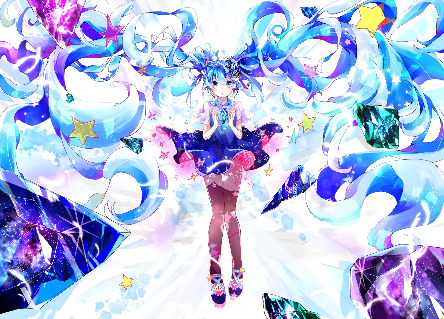 aqua_eyes, aqua_hair, dress, hatsune_miku, long_hair, shirayuki_towa, thighhighs, twintails, vocaloid