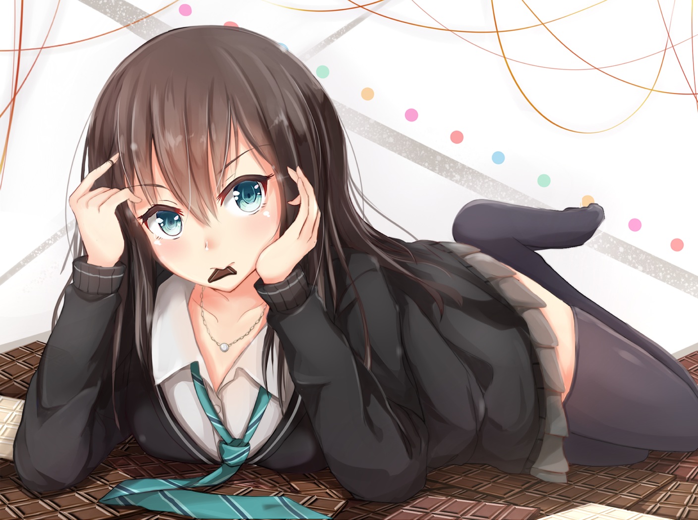 blue_eyes, brown_hair, candy, chocolate, idolmaster, idolmaster_cinderella_girls, igayan, long_hair, necklace, school_uniform, shibuya_rin, skirt, thighhighs, tie, valentine