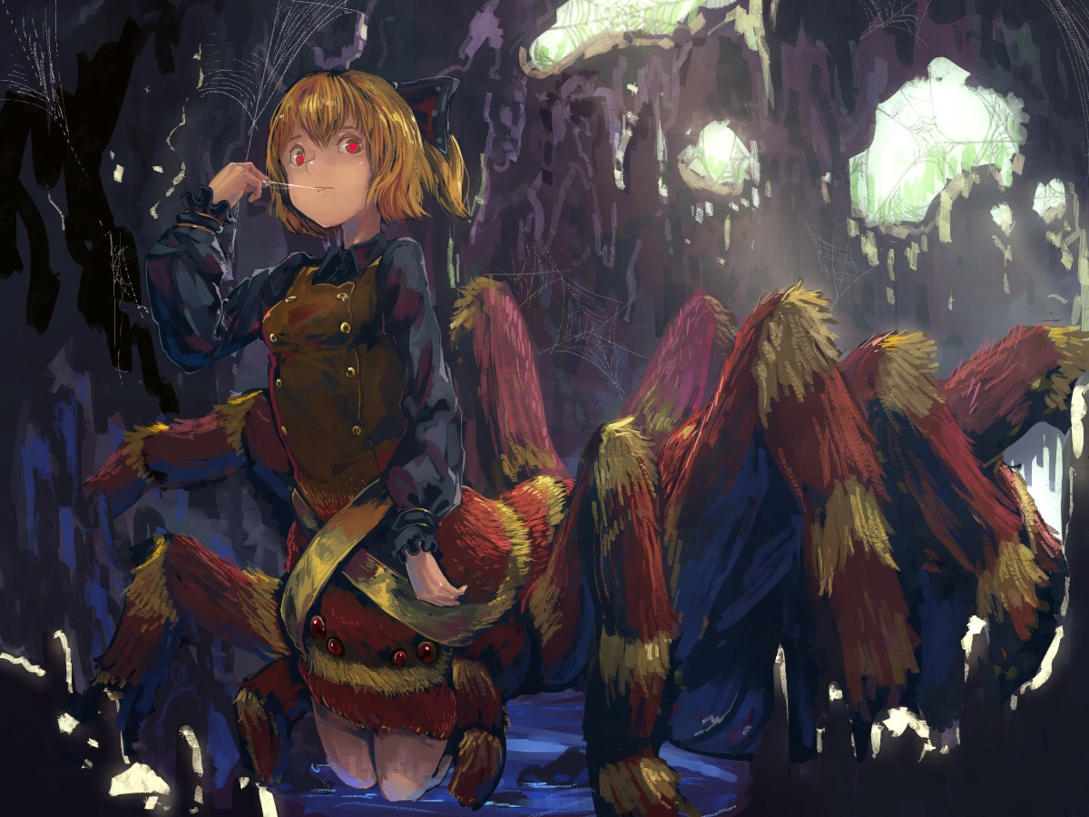 blonde_hair, jpeg_artifacts, kaatoso, kurodani_yamame, red_eyes, short_hair, touhou