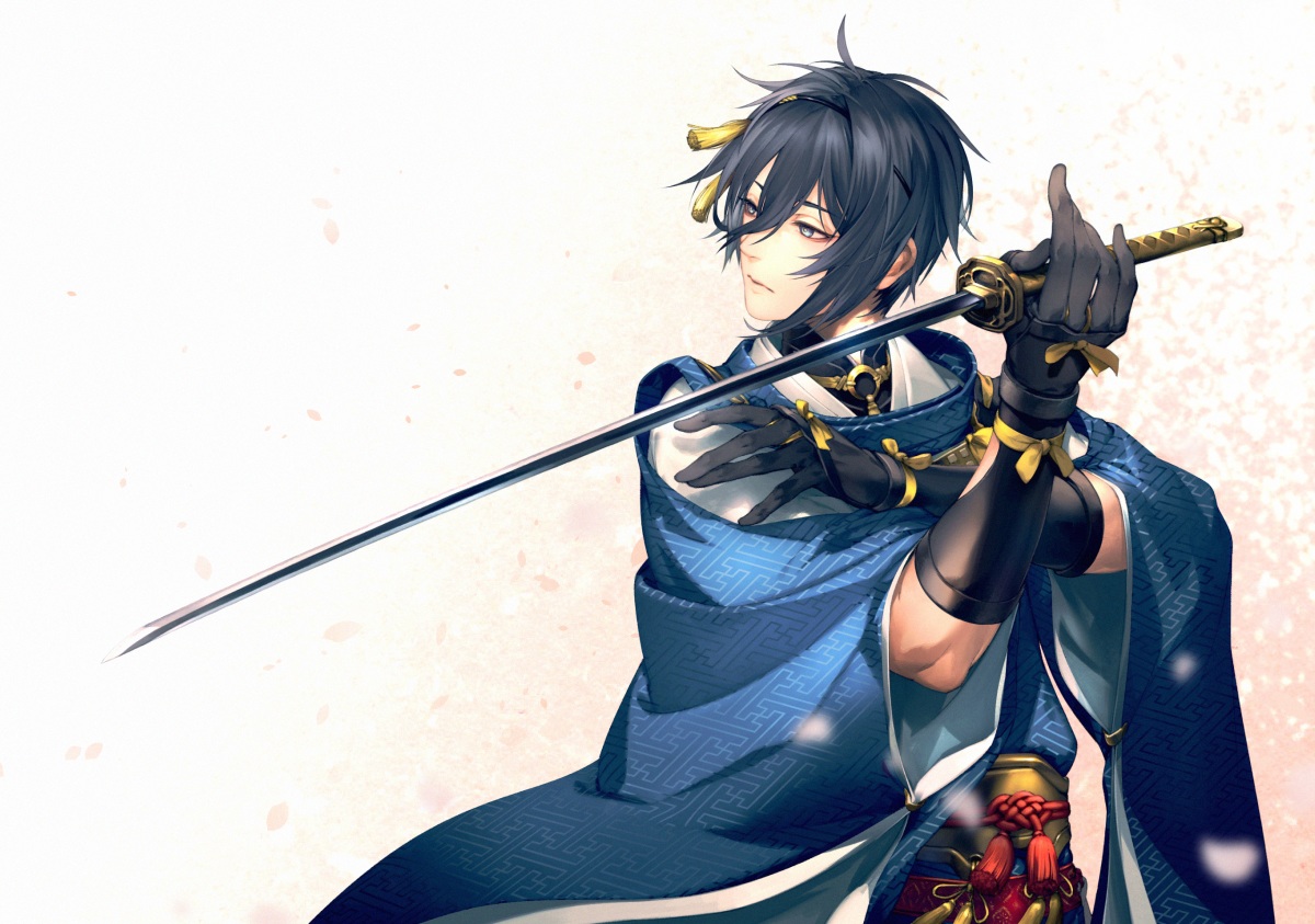 all_male, anthropomorphism, black_hair, gloves, japanese_clothes, katana, kodama_(wa-ka-me), male, mikazuki_munechika, short_hair, sword, touken_ranbu, weapon