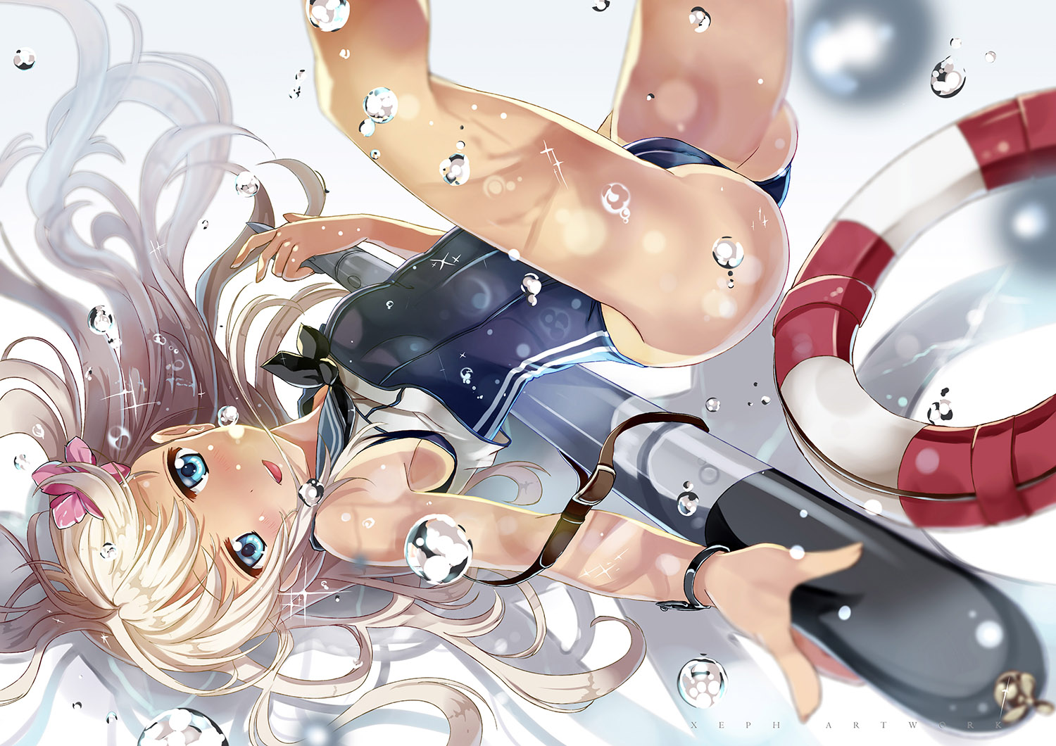 anthropomorphism, blonde_hair, blue_eyes, bubbles, cameltoe, dark_skin, jpeg_artifacts, kantai_collection, long_hair, ro-500_(kancolle), school_swimsuit, swimsuit, tan_lines, underwater, water, watermark, wristwear, xephonia