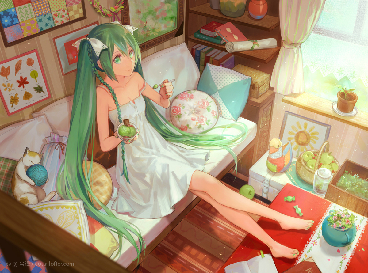 animal, apple, barefoot, book, braids, candy, cat, cotta, dress, food, fruit, green_eyes, green_hair, hatsune_miku, ice_cream, long_hair, ribbons, summer_dress, twintails, vocaloid, watermark