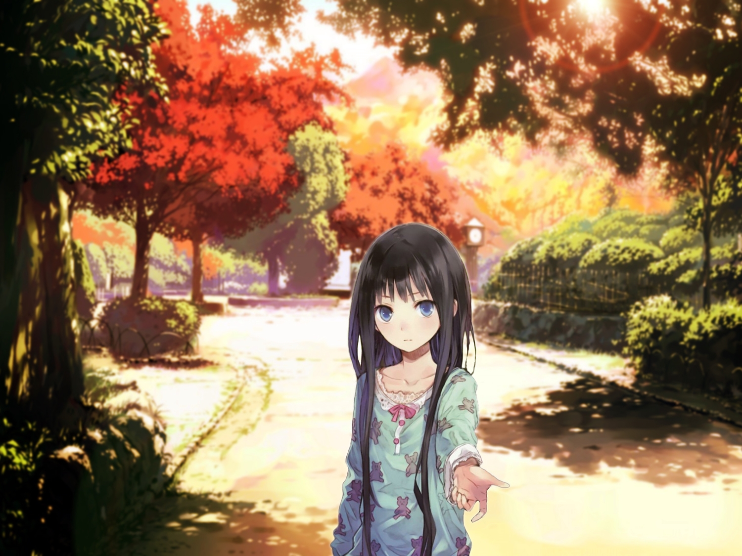 black_hair, blue_eyes, jpeg_artifacts, kamisama_no_memo_chou, kishida_mel, long_hair, pajamas, park, shionji_yuuko, tree