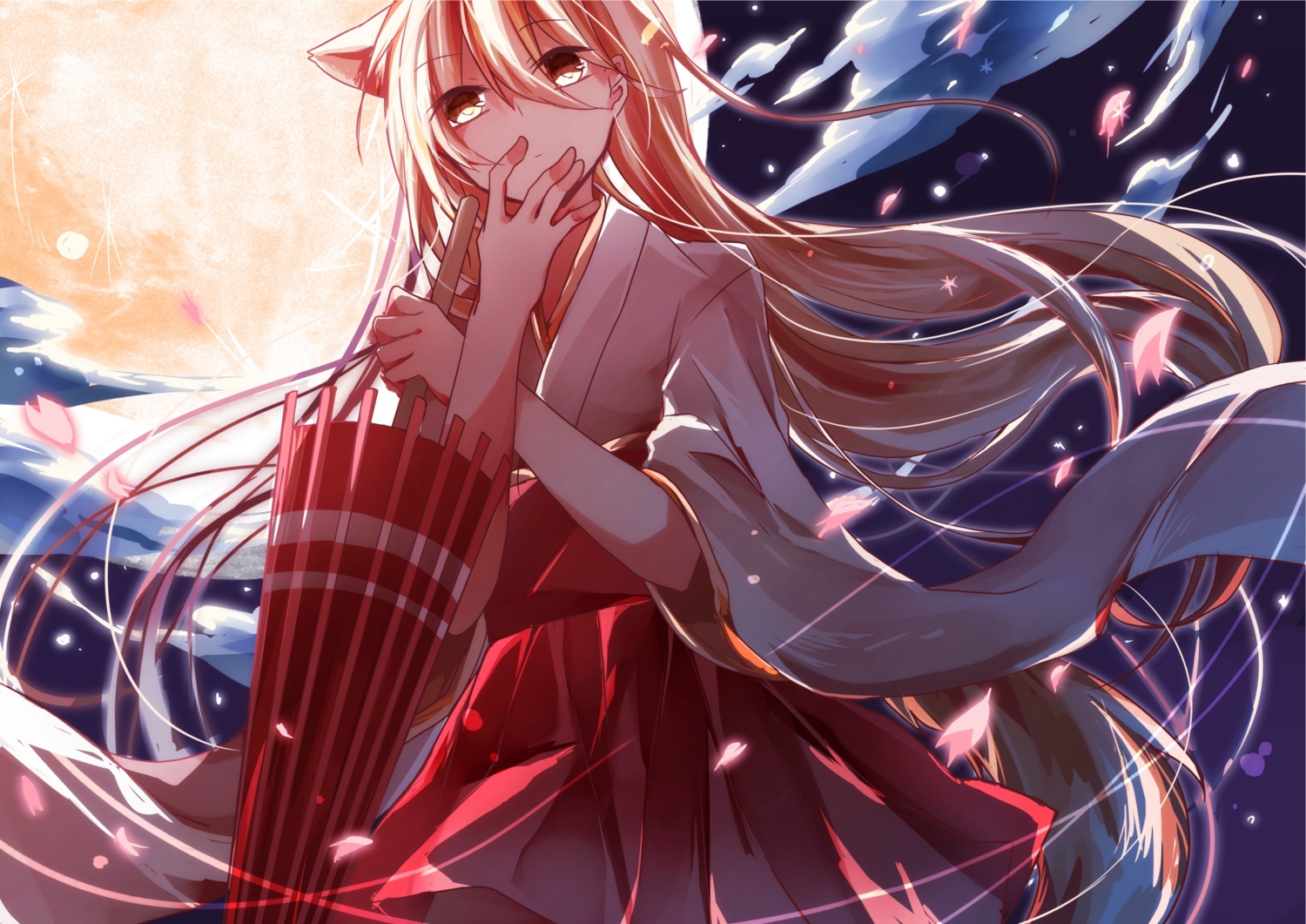 animal_ears, blonde_hair, foxgirl, japanese_clothes, long_hair, miko, original, tail, umbrella, yellow_eyes, yuruno