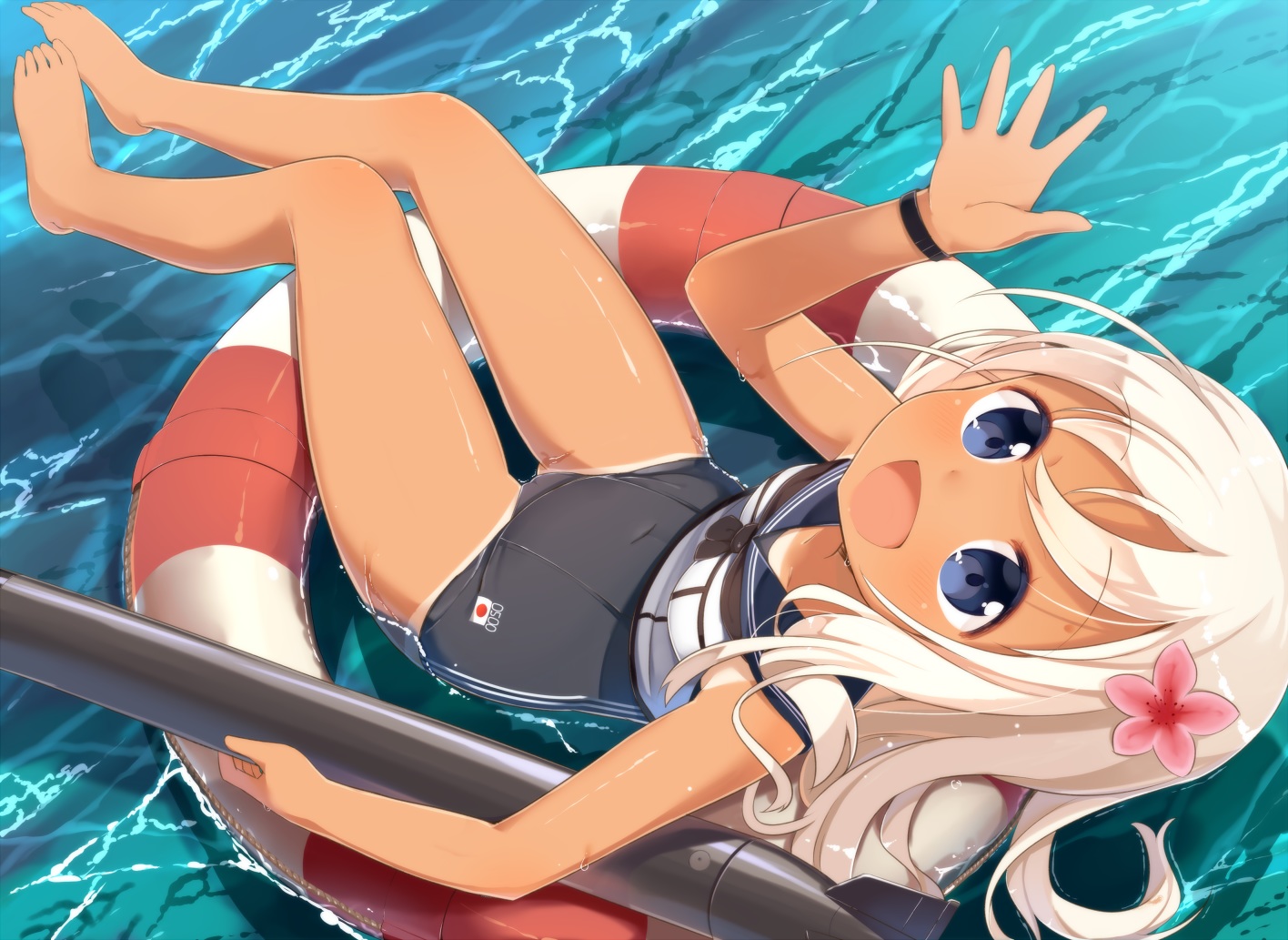 anthropomorphism, blonde_hair, blue_eyes, dark_skin, kantai_collection, long_hair, muku-coffee, ro-500_(kancolle), school_swimsuit, swim_ring, swimsuit, water, wet, wristwear