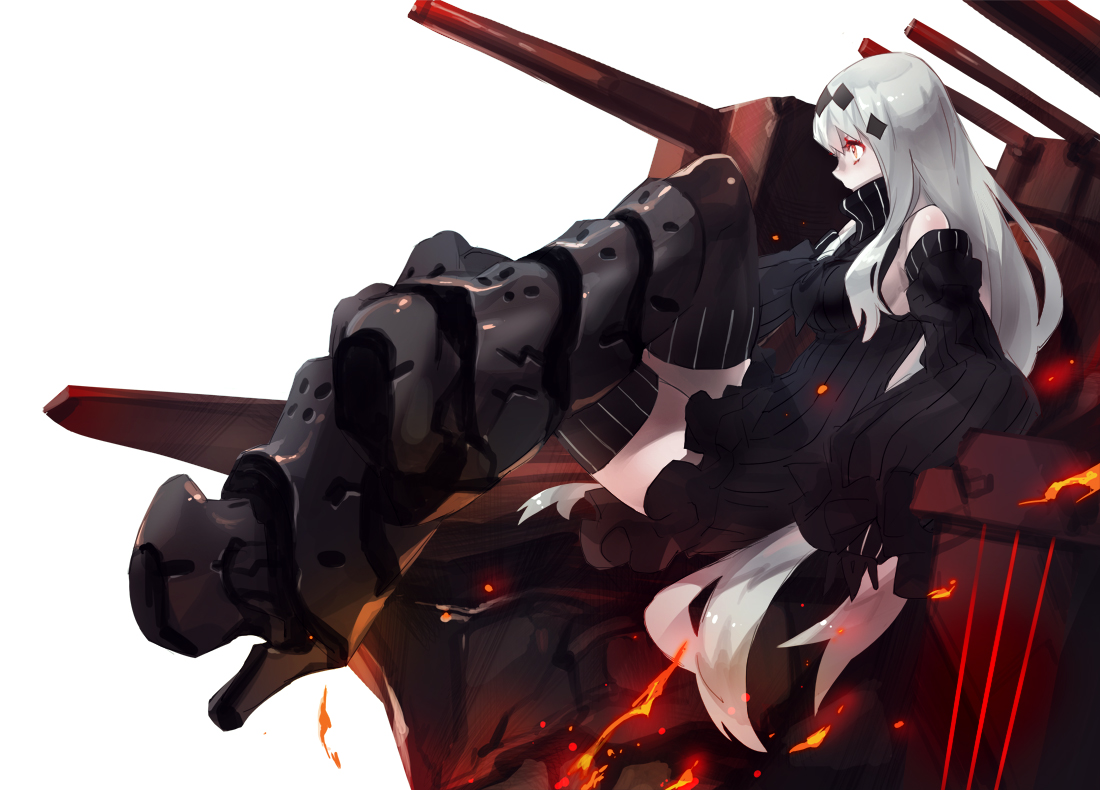 aircraft_carrier_water_oni, anthropomorphism, armor, dakuro, fire, kantai_collection, long_hair, red_eyes, thighhighs, white, white_hair