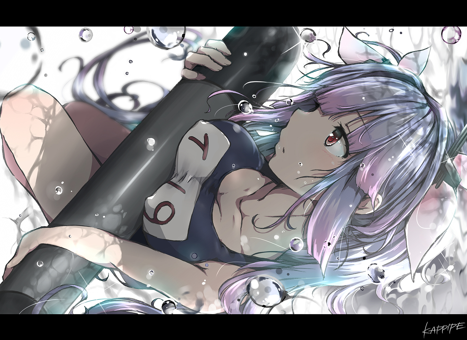 anthropomorphism, breasts, bubbles, erect_nipples, i-19_(kancolle), kantai_collection, kappipe_(brd0520), long_hair, purple_hair, red_eyes, school_swimsuit, swimsuit, underwater, water