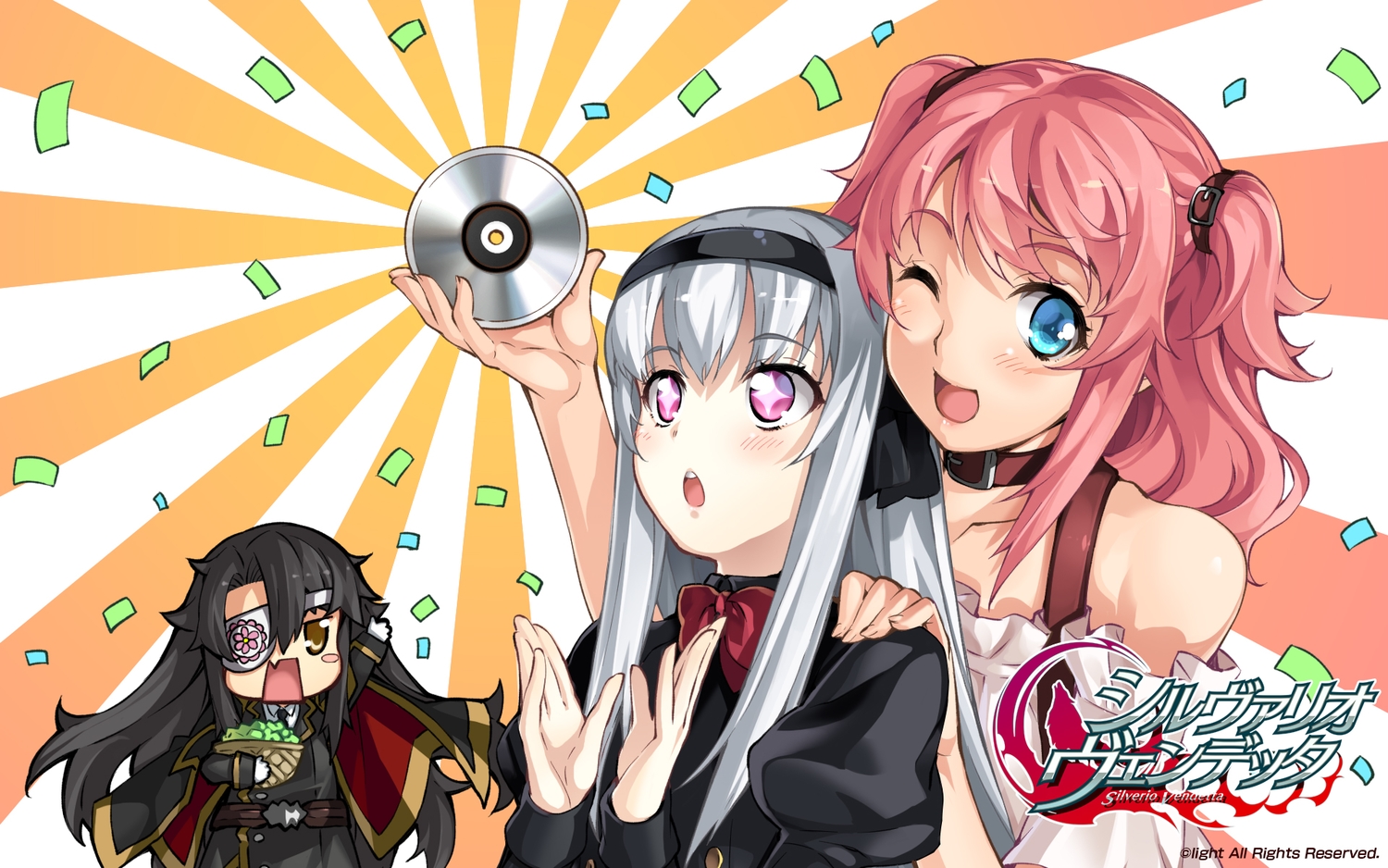 black_hair, blue_eyes, brown_eyes, chitose_oboro_amatsu, choker, dress, eyepatch, gray_hair