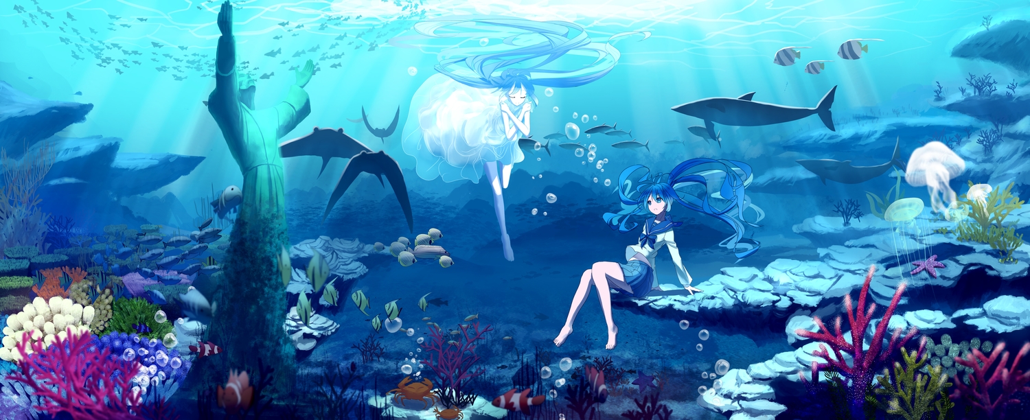 animal, aqua_hair, barefoot, bubbles, dress, dualscreen, fish, hatsune_miku, long_hair, scenic, school_uniform, siji_(szh5522), skirt, twintails, underwater, vocaloid, water