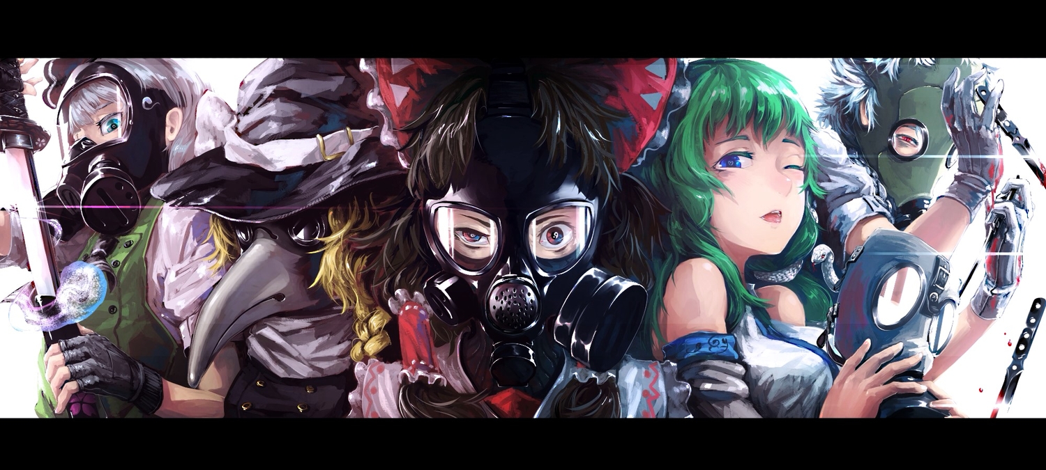 animal, blonde_hair, bow, gloves, goggles, group, hakurei_reimu, hat, izayoi_sakuya, japanese_clothes, kaatoso, katana, kirisame_marisa, knife, kochiya_sanae, konpaku_youmu, long_hair, mask, miko, snake, sword, touhou, weapon, wink, witch, witch_hat