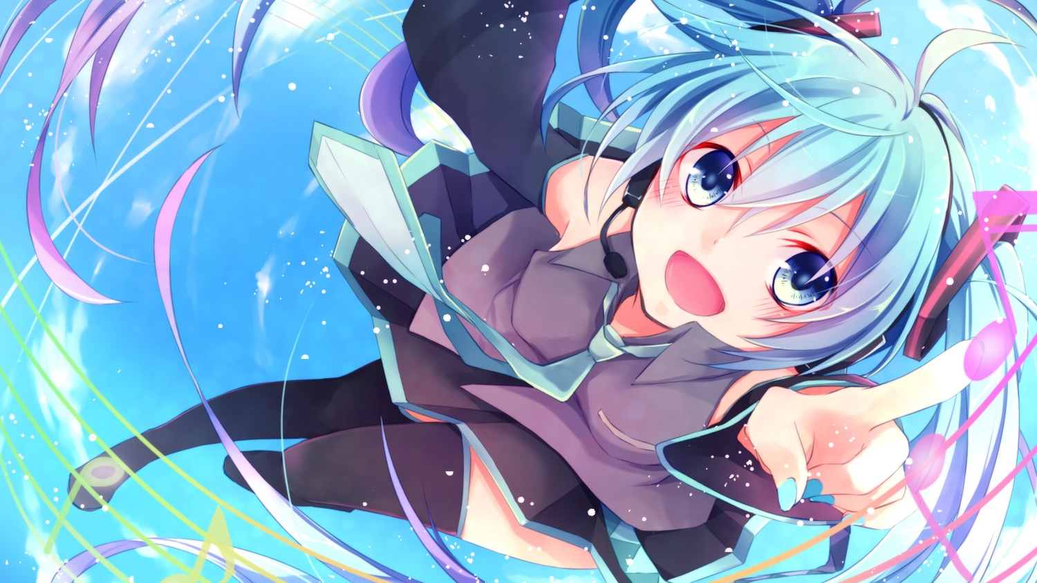 aqua_hair, blue_eyes, hatsune_miku, headphones, kuroi_(liar-player), sky, thighhighs, vocaloid