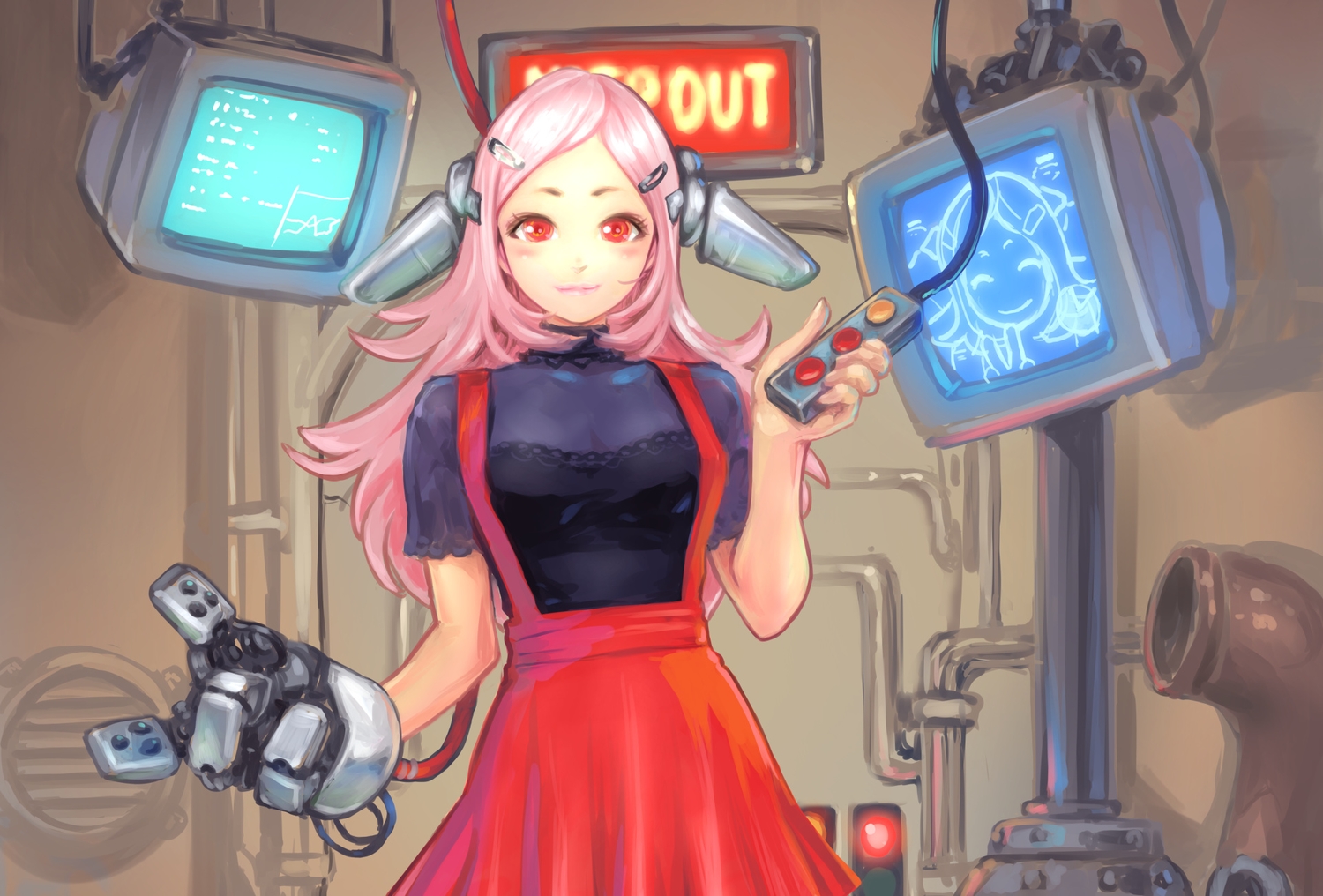 carina_(xiaowoo), computer, industrial, long_hair, original, pink_hair, red_eyes, skirt