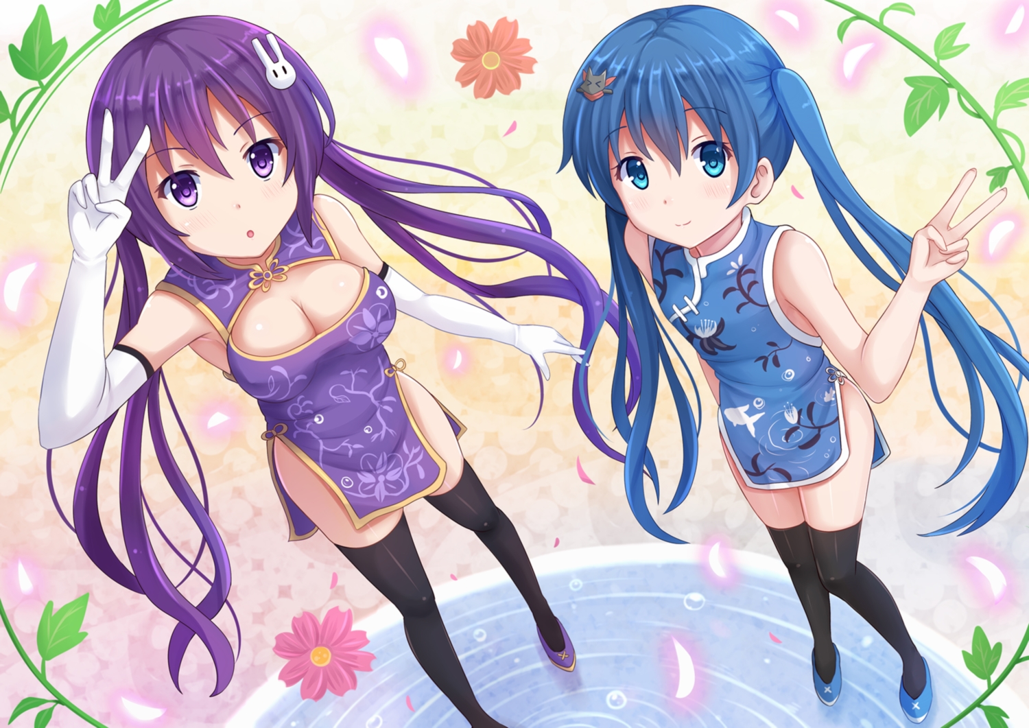 breasts, chinese_clothes, chinese_dress, cleavage, crossover, dress, elbow_gloves, gloves, gochuumon_wa_usagi_desu_ka?, kazenokaze, kiniro_mosaic, komichi_aya, tedeza_rize, thighhighs, twintails