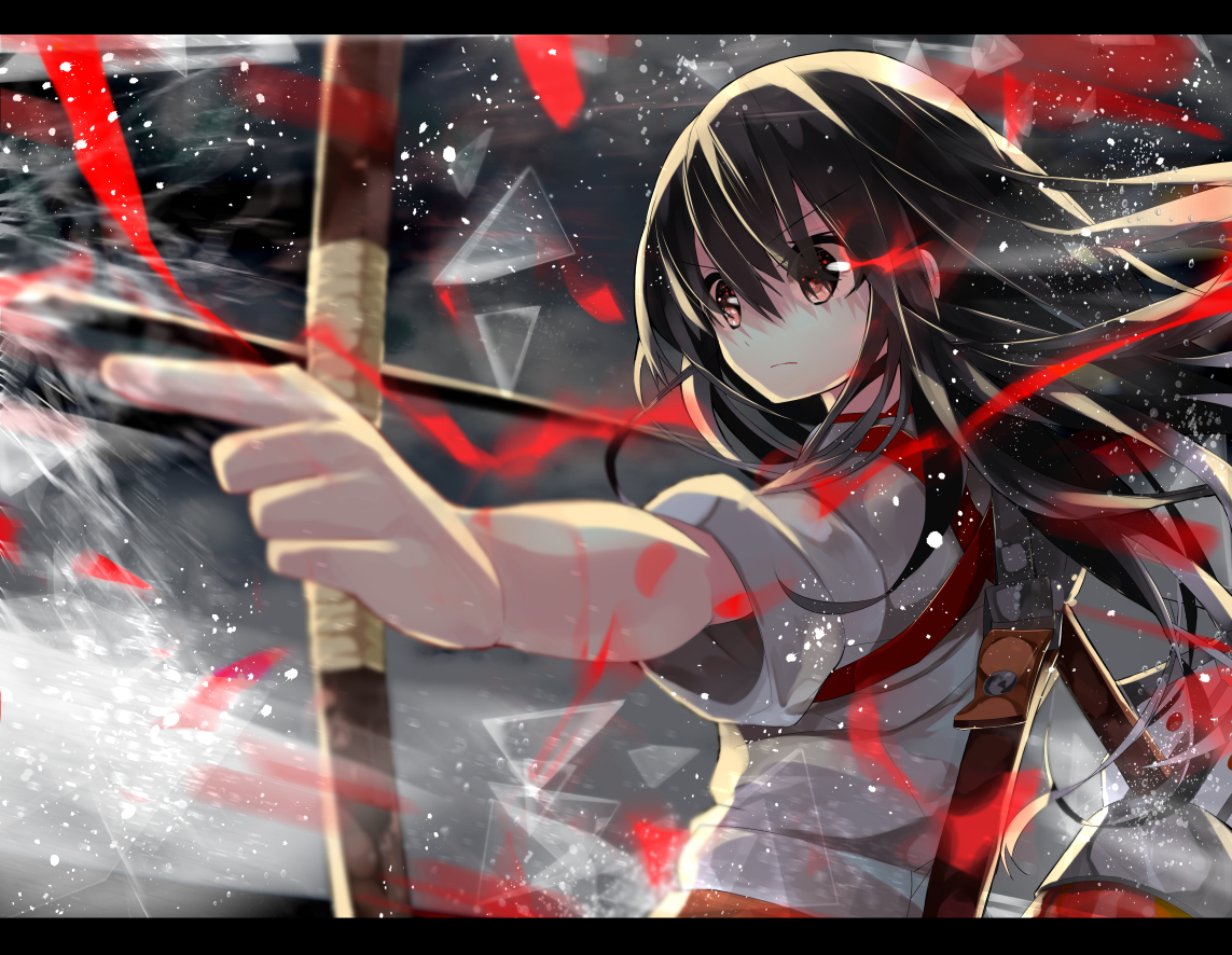 akagi_(kancolle), anthropomorphism, bow_(weapon), kantai_collection, long_hair, nekoboshi_sakko, weapon
