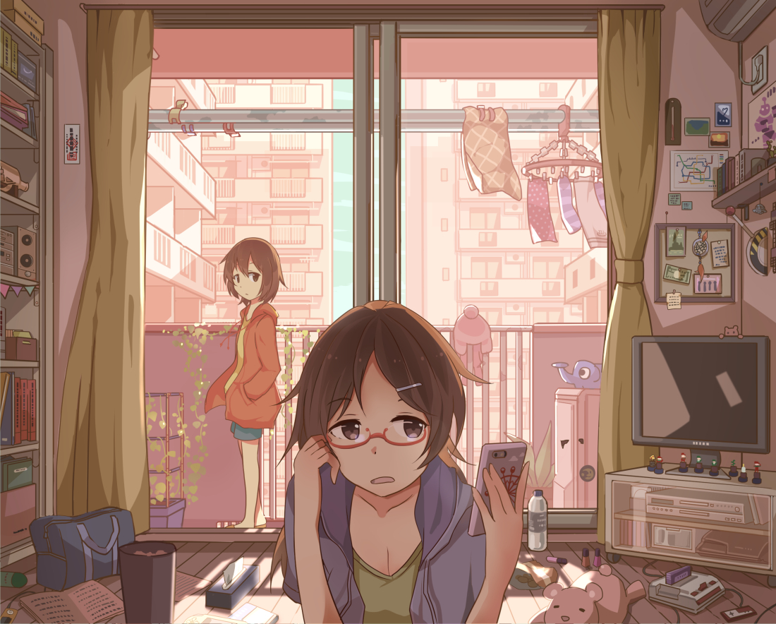 2girls, book, breasts, brown_hair, building, cleavage, glasses, ido_(teketeke), original, phone, short_hair, shorts