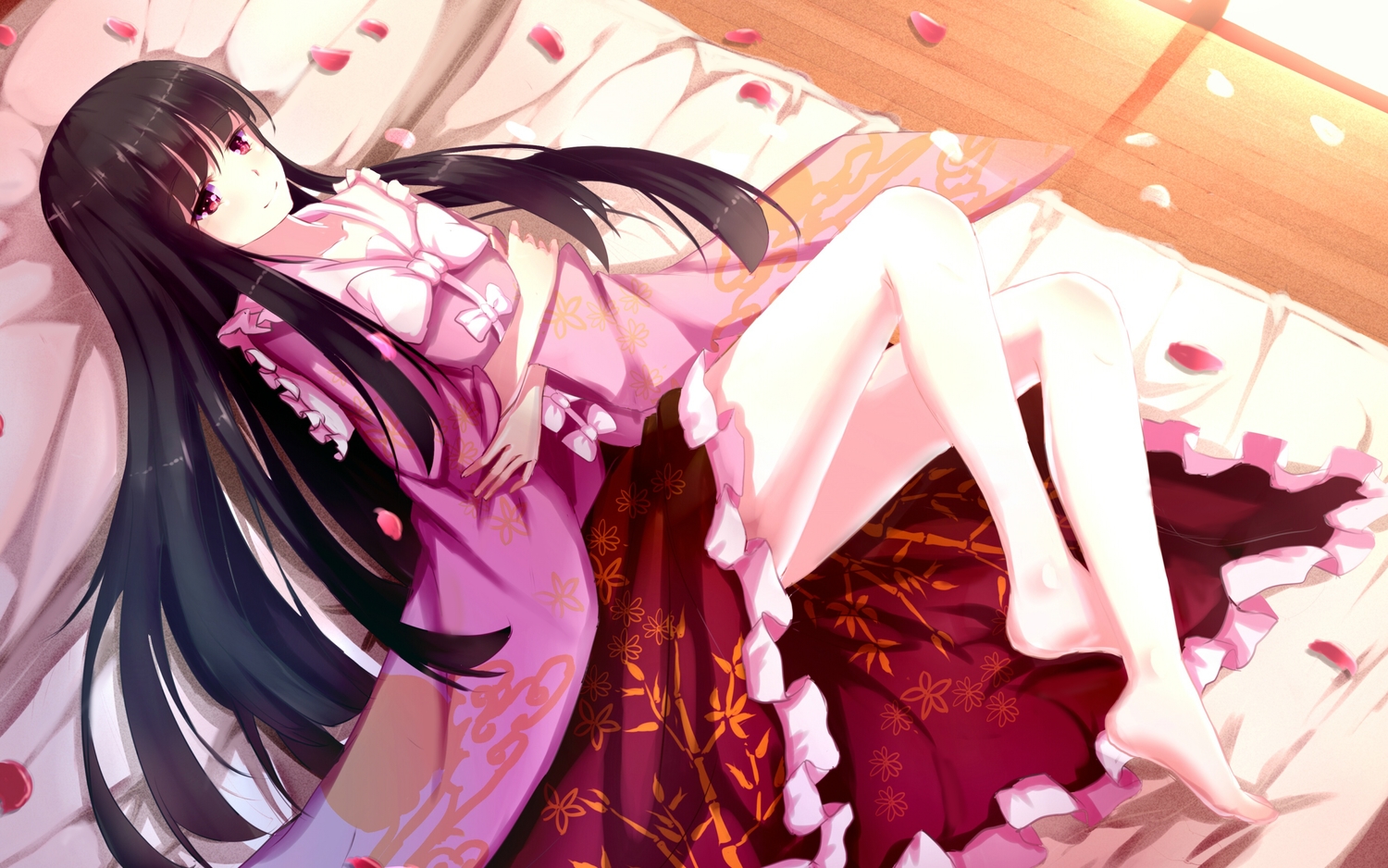 bakanoe, barefoot, bed, black_hair, bow, houraisan_kaguya, japanese_clothes, long_hair