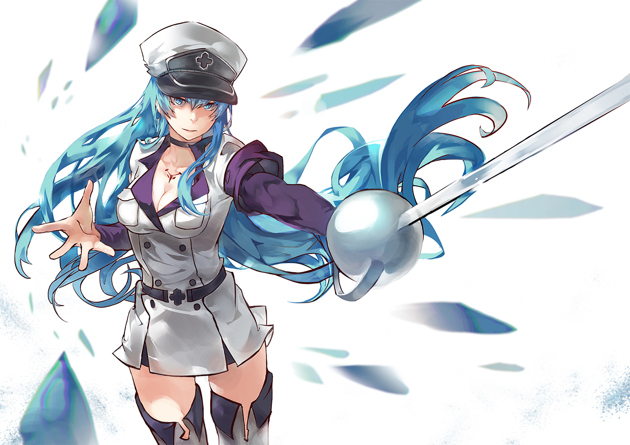 akame_ga_kill!, blue_eyes, blue_hair, breasts, chaun, choker, cleavage, esdeath, hat, long_hair, sword, tattoo, thighhighs, uniform, weapon