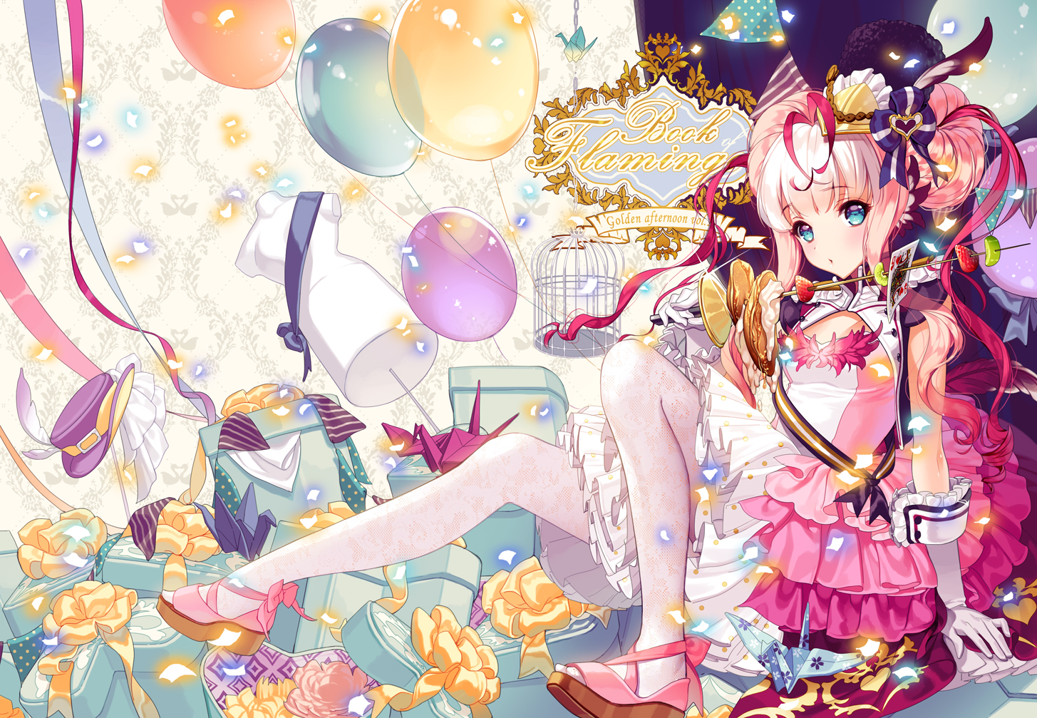 aqua_eyes, cage, cherrypin, dress, elbow_gloves, food, gloves, headdress, original, pantyhose, pink_hair