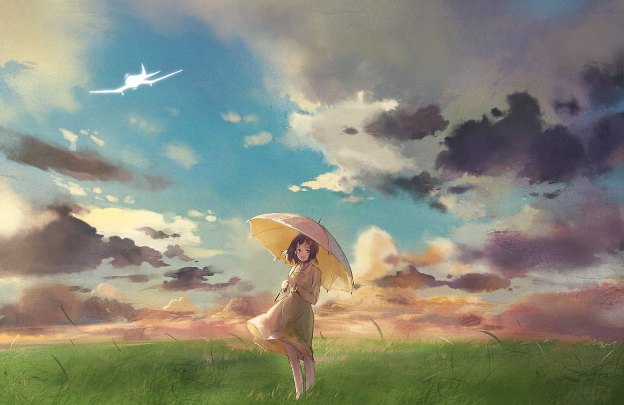 aircraft, brown_hair, clouds, dress, grass, kaze_tachinu, landscape, scenic, short_hair, shouin, sky, umbrella