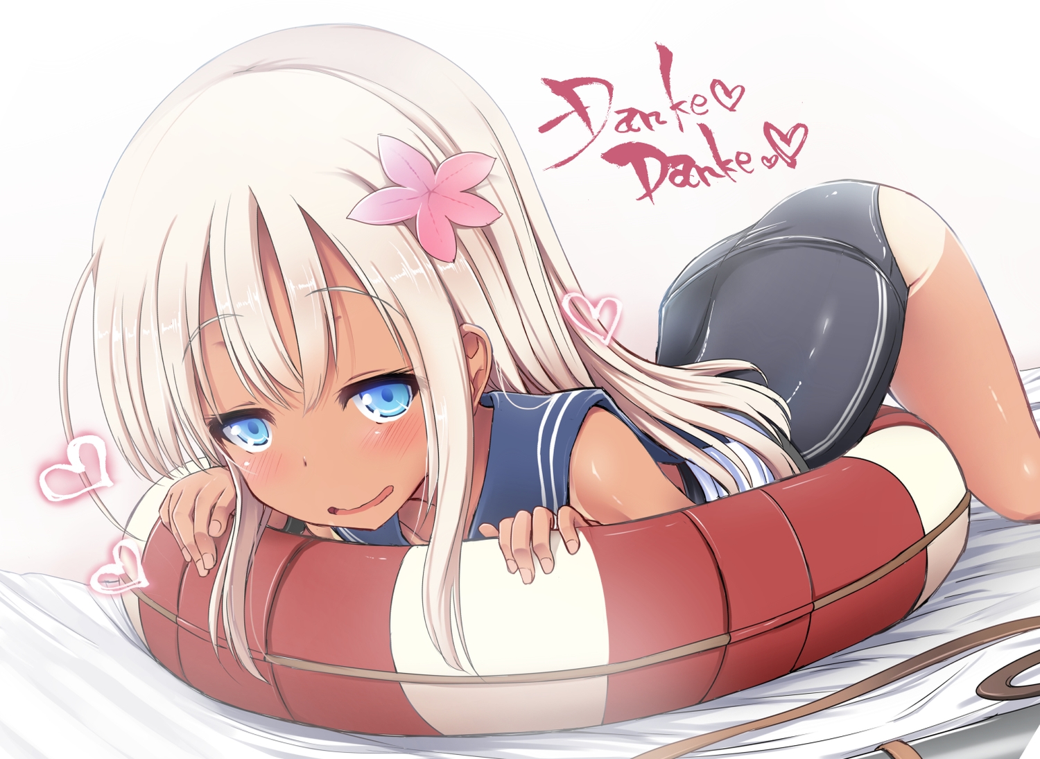 anthropomorphism, aqua_eyes, dark_skin, gray_hair, kantai_collection, long_hair, mentei_yakuna, ro-500_(kancolle), school_swimsuit, swim_ring, swimsuit, tan_lines