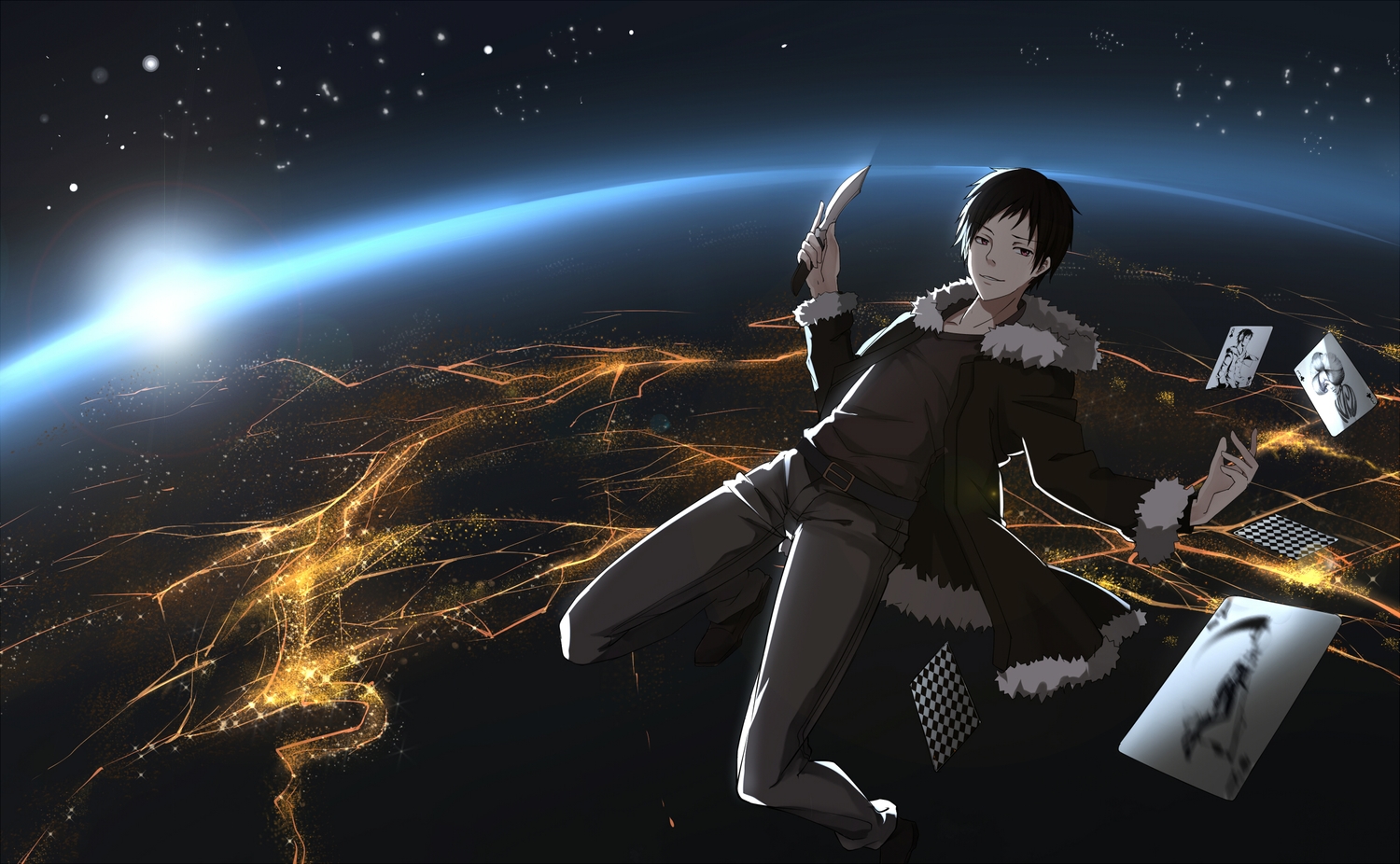 black_hair, brown_eyes, durarara!!, knife, night, orihara_izaya, sky, space