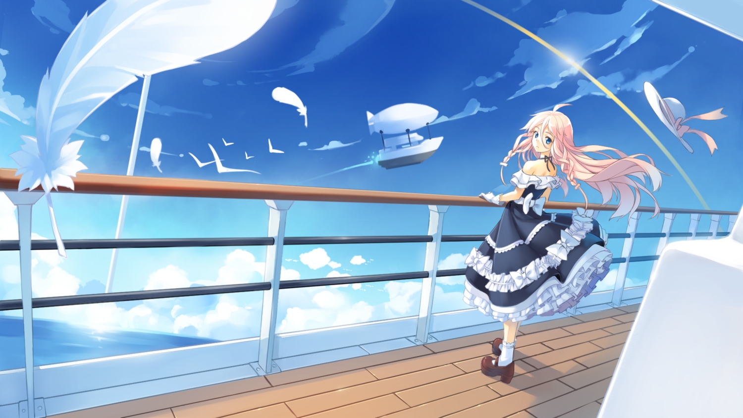 airship, ame_no_uta, blue_eyes, boat, clouds, dress, feathers, gloves