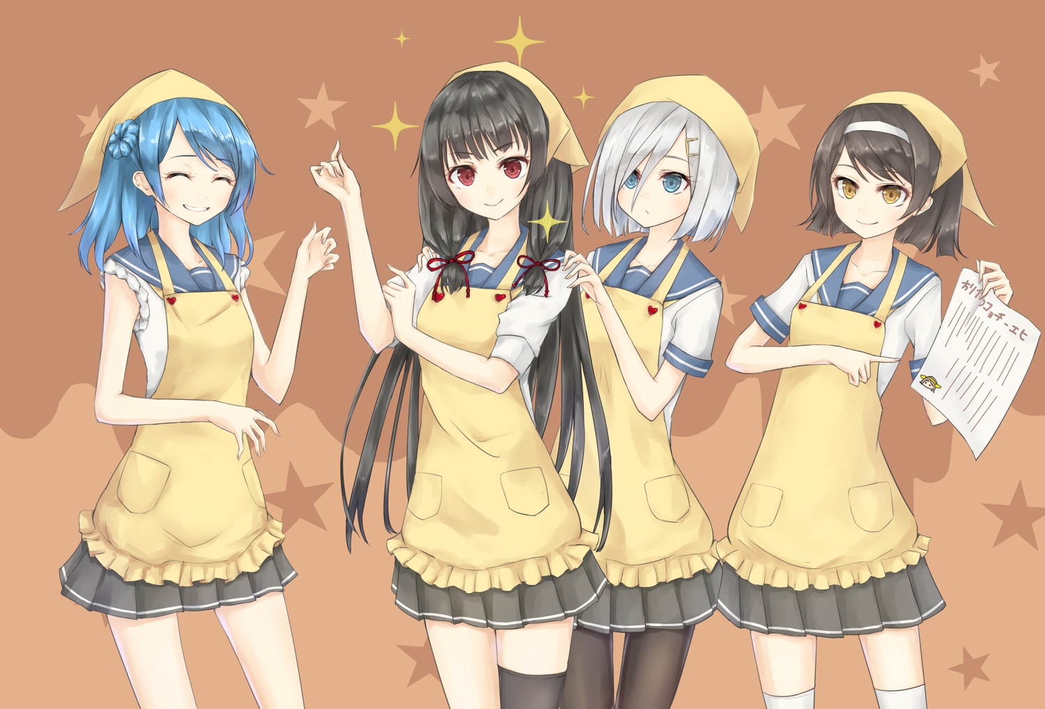 anthropomorphism, apron, black_hair, blue_eyes, blue_hair, bow, brown_eyes, hamakaze_(kancolle)