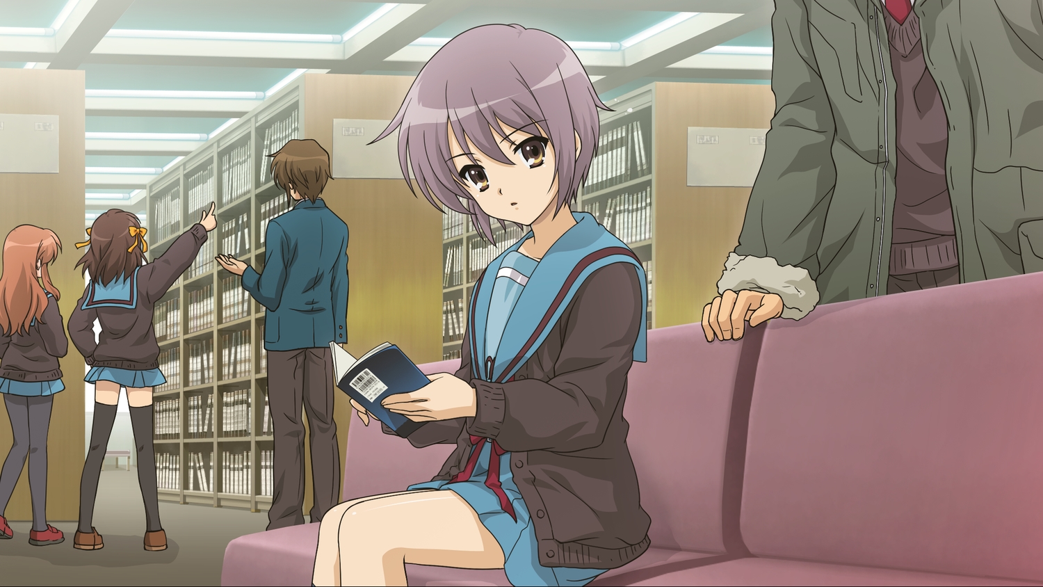 asahina_mikuru, book, bow, brown_eyes, brown_hair, game_cg, group, koizumi_itsuki