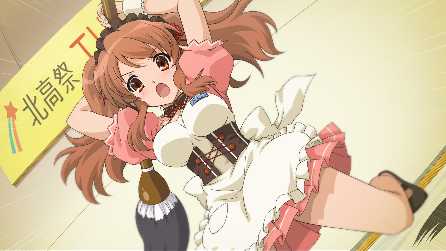 apron, asahina_mikuru, blush, bow, brown_eyes, game_cg, headdress, long_hair, maid, orange_hair, ribbons, suzumiya_haruhi_no_tsuisou, suzumiya_haruhi_no_yuutsu, twintails
