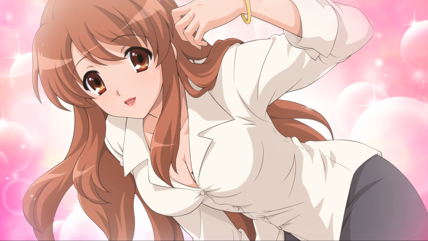 asahina_mikuru, blush, breasts, brown_eyes, cleavage, game_cg, long_hair, orange_hair, shirt, suzumiya_haruhi_no_tsuisou, suzumiya_haruhi_no_yuutsu