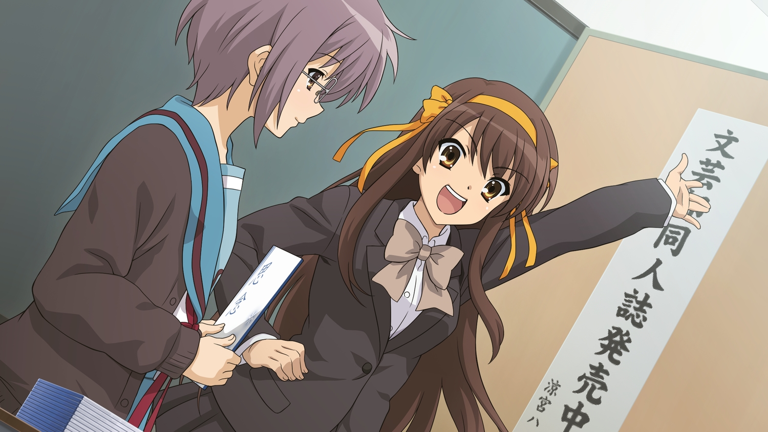 2girls, blush, book, brown_hair, game_cg, glasses, headband, long_hair