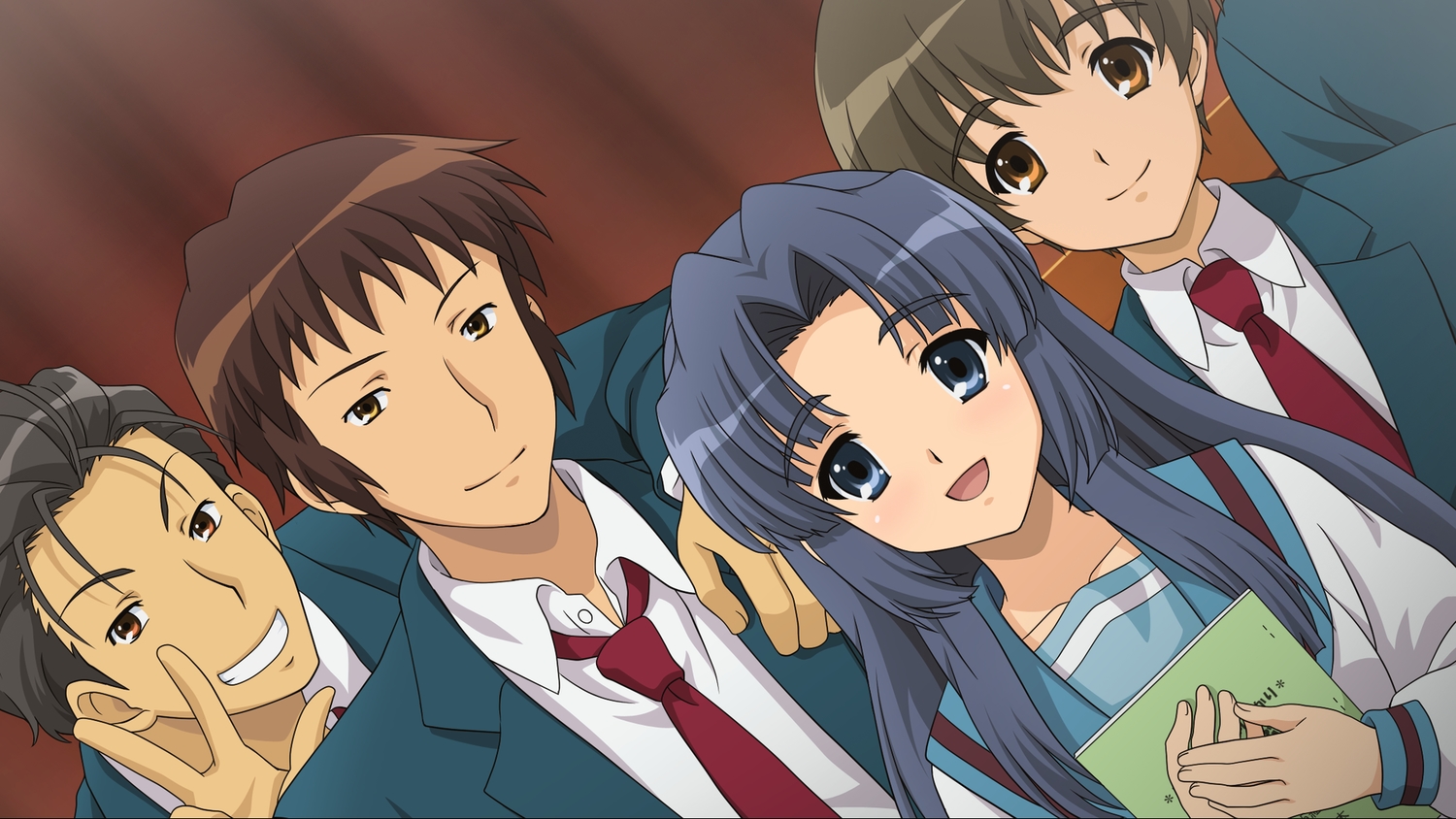 asakura_ryouko, blue_eyes, blue_hair, blush, book, brown_eyes, brown_hair, game_cg