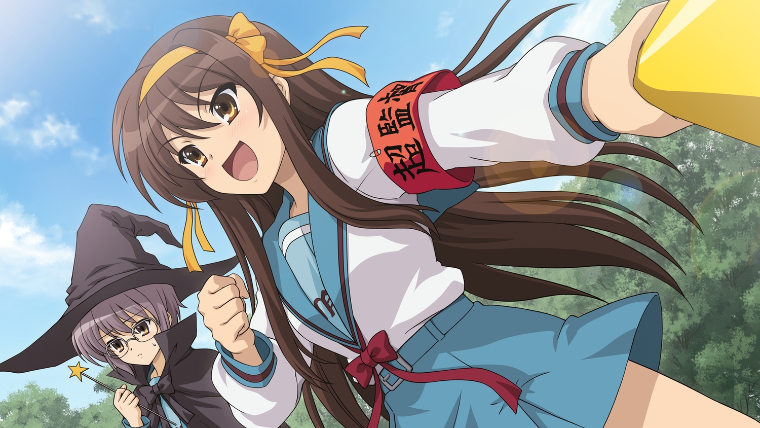 2girls, blush, bow, brown_eyes, brown_hair, cape, game_cg, glasses