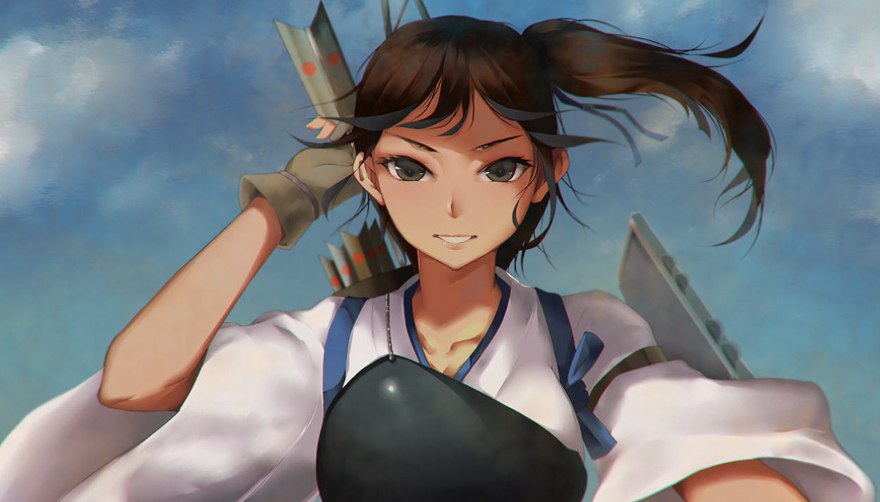 anthropomorphism, brown_hair, gloves, japanese_clothes, kaga_(kancolle), kantai_collection, ponytail, viola_(seed)