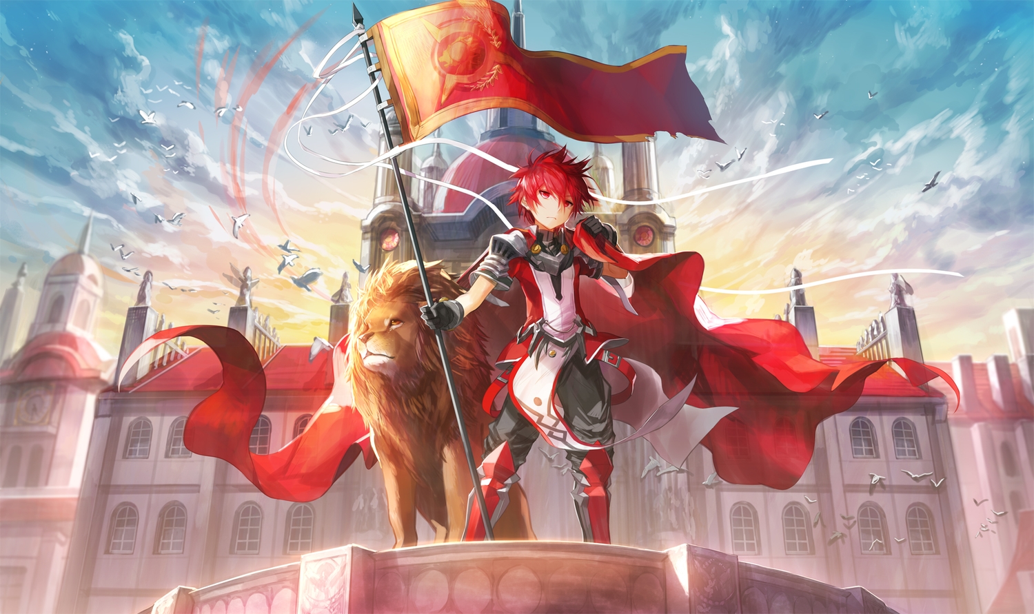 all_male, animal, armor, bird, building, clouds, elsword, elsword_(character)